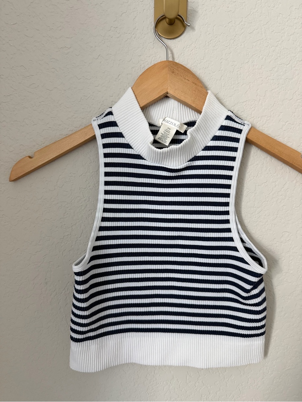 White & Navy Striped Ribbed Mock Neck Crop Tank